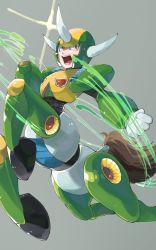 Rule 34 | 1boy, android, arm cannon, armor, breastplate, centaur, centaur man, chikichi, clenched hand, cyborg, energy, gloves, green headwear, grey background, hand up, helmet, highres, horns, jpeg artifacts, jumping, looking to the side, male focus, mega man (classic), mega man (series), mega man 6, open mouth, red eyes, shoulder armor, simple background, solo, taur, teeth, vambraces, weapon, white gloves