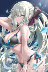 Rule 34 | 1girl, bare shoulders, bikini, black bikini, black bow, blue eyes, bow, braid, breasts, cleavage, collarbone, fate/grand order, fate (series), french braid, grey hair, hair bow, large breasts, long hair, looking at viewer, morgan le fay (fate), open mouth, ponytail, shino (eefy), sidelocks, solo, swimsuit, thighs, very long hair, water