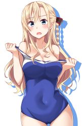 Rule 34 | 1girl, absurdres, bad id, bad pixiv id, blonde hair, blue eyes, blue one-piece swimsuit, braid, breasts, covered navel, gluteal fold, high school fleet, highres, kapatarou, large breasts, long hair, looking at viewer, one-piece swimsuit, school swimsuit, simple background, single braid, solo, swimsuit, two-tone swimsuit, white background, wilhelmina braunschweig ingenohl friedeburg