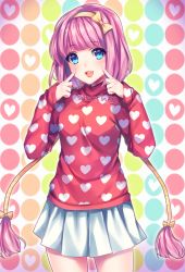 Rule 34 | 1girl, absurdres, artist name, blue eyes, blush, bow, breasts, hair bow, hairband, heart, heart print, highres, index fingers raised, long hair, long sleeves, looking at viewer, medium breasts, open mouth, original, pink hair, red shirt, sasucchi95, shirt, signature, skirt, sleeves past wrists, smile, solo, twintails, very long hair, white skirt, yellow bow
