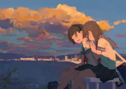 Rule 34 | 2girls, arm support, artist name, bag, black hair, black skirt, blue sailor collar, bob cut, bracelet, brown hair, chinese commentary, cityscape, closed eyes, cloud, cloudy sky, commentary, dated, dress shirt, hair over eyes, hand on own leg, hand to own mouth, harmonica, highres, holding, holding instrument, instrument, jewelry, leaf, leaning forward, long hair, messy hair, mole, mole under eye, multiple girls, music, neckerchief, original, plant, playing instrument, pleated skirt, red neckerchief, sailor collar, scenery, school uniform, serafuku, shirt, short hair, signature, sitting, skirt, sky, smile, strap, sunset, twintails, white shirt, wind, xilmo