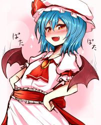 Rule 34 | 1girl, ascot, bat wings, blue hair, blush, brooch, fang, female focus, flapping, hands on own hips, hat, jewelry, looking at viewer, nose blush, red eyes, remilia scarlet, roki (hirokix), short hair, smug, solo, sparkle, touhou, upper body, wings