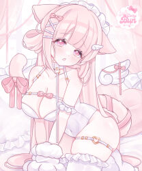 1girl :o absurdly_long_hair animal_ears animal_hands blunt_bangs blush bow bow_on_wing breasts cat_ears cat_girl cat_tail choker collarbone covered_navel cozybun curtains detached_wings dot_nose droopy_ears frilled_pillow frilled_thighhighs frills gloves hair_bow hair_ornament hair_spread_out hairpin hand_rest heart heart-shaped_pillow heart_o-ring highres indoors knees_out_of_frame large_breasts leotard long_hair looking_at_viewer low_neckline maid_headdress mini_wings o-ring o-ring_thigh_strap on_bed original own_hands_together pastel_colors paw_gloves pillow pink_bow pink_eyes pink_hair pink_theme revealing_clothes single_sidelock single_wing solo split_mouth tail tail_bow tail_ornament thigh_strap thighhighs v_arms very_long_hair white_choker white_footwear white_gloves white_leotard white_thighhighs white_wings wing_hair_ornament wings x_hair_ornament