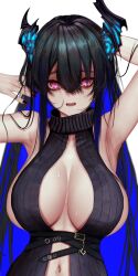 Rule 34 | 1girl, asymmetrical horns, black hair, black nails, black sweater, blue hair, blush, breasts, colored inner hair, demon horns, highres, hololive, hololive english, horns, large breasts, long hair, looking at viewer, mole, mole under eye, multicolored hair, nail polish, navel, nerissa ravencroft, open mouth, red eyes, soju ice, sweater, turtleneck, turtleneck sweater, very long hair, virtual youtuber