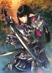 Rule 34 | 1girl, armor, au ra, black hair, breasts, cleavage, dual wielding, final fantasy, final fantasy xiv, forest, gauntlets, green eyes, highres, holding, horns, long hair, looking at viewer, makimura shunsuke, nature, solo