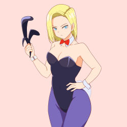 Rule 34 | 1girl, android 18, animal ears, blonde hair, blue eyes, bow, bowtie, breasts, commentary request, cowboy shot, detached collar, dragon ball, dragonball z, drill bulbul, fake animal ears, hairband, hand on own hip, highres, leotard, looking at viewer, medium breasts, pantyhose, pink background, playboy bunny, purple pantyhose, rabbit ears, rabbit tail, red bow, red bowtie, short hair, simple background, solo, standing, tail, unworn hairband, wrist cuffs