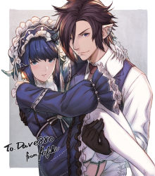 Rule 34 | 1boy, 1girl, arms around neck, artist name, au ra, au ra xaela, belt, black gloves, black horns, blue dress, blue eyes, blue hair, blue vest, blunt bangs, blush, border, breasts, brown hair, brown neckwear, carrying, closed mouth, collared shirt, commentary request, commission, couple, dragon girl, dragon horns, dress, ear piercing, elezen, elf, feet out of frame, fictional persona, final fantasy, final fantasy xiv, frilled dress, frilled hairband, frilled sleeves, frills, garter straps, gloves, grey background, hair over one eye, hairband, horns, ivris, lace-trimmed sleeves, lace trim, leather, leather gloves, long sleeves, looking at viewer, matching hair/eyes, messy hair, necktie, outside border, parted lips, partial commentary, piercing, pointy ears, princess carry, puffy long sleeves, puffy sleeves, purple eyes, ribbon, shirt, short hair, sidelocks, simple background, small breasts, smile, thighhighs, upper body, v-shaped eyebrows, vest, warrior of light (ff14), white background, white gloves, white shirt, white thighhighs, wing collar