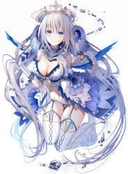 Rule 34 | 1girl, absurdly long hair, bad id, bad pixiv id, bare shoulders, bikini, bikini top only, blue eyes, braid, breasts, cleavage, detached collar, detached sleeves, diamond (gemstone), double bun, facial mark, feathered wings, feathers, fringe trim, full body, garter straps, gloves, hair bun, hand up, highres, kouyafu, large breasts, long hair, long skirt, looking at viewer, navel, original, parted lips, revealing clothes, showgirl skirt, silver hair, skirt, solo, spaghetti strap, stomach, swimsuit, thighhighs, thighs, tiara, twin braids, twintails, very long hair, white background, white bikini, white gloves, white thighhighs, wings