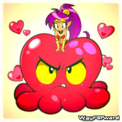 Rule 34 | &gt;:(, 1girl, breasts, earrings, eyelashes, frown, green eyes, heart, jewelry, logo, long hair, looking at another, looking up, official art, pointy ears, ponytail, shantae, shantae (series), smile, squid, squid baron, v-shaped eyebrows, valentine, wayforward, yellow eyes