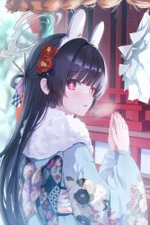 Rule 34 | 1girl, absurdres, animal ears, black hair, blue archive, blue kimono, blush, fake animal ears, flower, fur-trimmed kimono, fur trim, grey halo, hair flower, hair ornament, halo, highres, japanese clothes, kimono, long hair, long sleeves, looking at viewer, miyu (blue archive), n 77z, obi, open mouth, rabbit ears, red eyes, red flower, sash, solo, upper body, wide sleeves