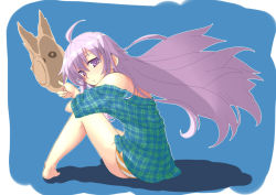 Rule 34 | 1girl, bare shoulders, barefoot, hata no kokoro, long hair, mask, mitsuki kurage (kaijou fuyuu), mtkx2, new mask of hope, no pants, off shoulder, panties, pink eyes, pink hair, plaid, plaid shirt, shirt, sitting, solo, striped clothes, striped panties, swimsuit, swimsuit under clothes, touhou, underwear