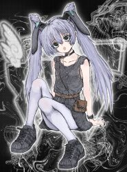 Rule 34 | 1girl, abstract background, absurdres, adidas, bag, belt, black footwear, black nails, bracelet, brown belt, choker, collarbone, convenient leg, copyright name, cross, cross necklace, dress, expressionless, flat chest, full body, grey hair, handbag, heart, heart choker, hedprotag, highres, jewelry, logo, looking at viewer, muv-luv, necklace, outline, pantyhose, shoes, sitting, sleeveless, sleeveless dress, sneakers, solo, twintails, white outline, white pantyhose, yashiro kasumi