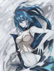 Rule 34 | 00s, 1girl, blue hair, celsius, celsius (tales), grey background, grey theme, hairband, highres, long hair, pale skin, saimon (pixiv), simon (n.s craft), sleeveless, solo, tales of (series), tales of eternia, torn clothes