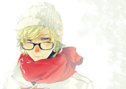 Rule 34 | 1boy, absurdres, beanie, blonde hair, blue eyes, closed mouth, commentary request, crying, crying with eyes open, fasna, glasses, green eyes, hat, highres, jacket, looking at viewer, male focus, original, red scarf, scarf, short hair, solo, tears, upper body, white background, white hat, white jacket
