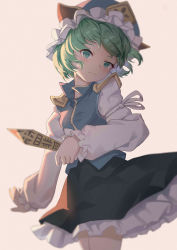 Rule 34 | 1girl, absurdres, black skirt, blue vest, blurry, cowboy shot, depth of field, frilled hat, frills, green eyes, green hair, hat, highres, holding, juliet sleeves, long sleeves, looking at viewer, puffy sleeves, rangque (user vjjs4748), ribbon, rod of remorse, shiki eiki, short hair, simple background, skirt, solo, touhou, vest, white background, white legwear