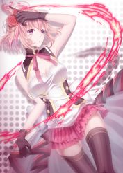Rule 34 | 1girl, black gloves, black thighhighs, blood, blush, breasts, character request, cleavage, cleavage cutout, clothing cutout, dress, flower, gloves, hair flower, hair ornament, highres, holding, holding knife, holding weapon, huangxing, knife, merc storia, open mouth, pink hair, pink ribbon, purple eyes, red flower, ribbon, sash, simple background, skindentation, solo, thighhighs, weapon