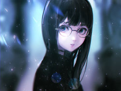 Rule 34 | 1girl, bad id, bad pixiv id, black-framed eyewear, black hair, blue eyes, blurry, choker, from side, glasses, highres, long hair, looking at viewer, original, parted lips, portrait, solo, toto, turtleneck