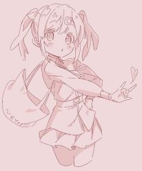 Rule 34 | 1girl, bag, blush, bolo tie, brown background, collared jacket, cropped legs, fox shadow puppet, hair ornament, hair ribbon, hairclip, hand on own hip, heart, highres, jacket, jigatei (omijin), monochrome, onii-chan wa oshimai!, outstretched arm, oyama mihari, parted lips, pleated skirt, ribbon, romaji text, simple background, skirt, solo, twintails