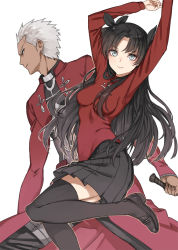 Rule 34 | 1boy, 1girl, archer (fate), black hair, black thighhighs, blue eyes, breasts, dark-skinned male, dark skin, fate/stay night, fate (series), haijin, impossible clothes, impossible shirt, popoccpo, shirt, thighhighs, tohsaka rin, two side up, white hair, zettai ryouiki