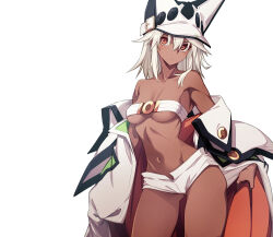 Rule 34 | 10mo, 1girl, armpits, bare shoulders, belt bra, blonde hair, breasts, cape, collarbone, dark-skinned female, dark skin, groin, guilty gear, guilty gear xrd, hair between eyes, hat, highres, long hair, looking at viewer, midriff, navel, orange eyes, ramlethal valentine, short shorts, shorts, simple background, small breasts, solo, stomach, thighs, undressing, white background, white cape