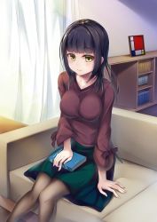 Rule 34 | 1girl, black hair, black pantyhose, blush, book, bookshelf, breasts, brown eyes, brown shirt, closed mouth, commentary request, couch, curtains, feet out of frame, green skirt, hinoka (allen), indoors, long hair, long sleeves, medium breasts, mole, mole under eye, nail polish, on couch, original, pantyhose, pink nails, shirt, sitting, skirt, solo