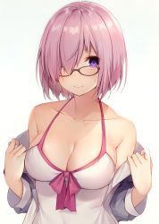 Rule 34 | 1girl, bare shoulders, black-framed eyewear, blush, bow, breasts, cleavage, collarbone, fate/grand order, fate (series), front-tie top, glasses, hair over one eye, large breasts, light purple hair, long sleeves, looking at viewer, mash kyrielight, mash kyrielight (swimsuit of perpetual summer), muryotaro, official alternate costume, one-piece swimsuit, pink bow, purple eyes, short hair, smile, sweatdrop, swimsuit, upper body, white background, white one-piece swimsuit