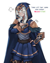 Rule 34 | 1girl, absurdres, ashe (league of legends), belt, blue cape, blue gloves, blue pants, breasts, brown belt, cape, cleavage, closed eyes, closed mouth, cookie3w3, cowboy shot, english text, feather trim, frown, gloves, grey hair, highres, hood, hood up, hooded cape, large breasts, league of legends, like and retweet, meme, miniskirt, pants, pleated skirt, shoulder plates, simple background, skirt, solo, twitter strip game (meme), white background