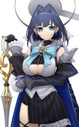 Rule 34 | 1girl, absurdres, apicium, black gloves, blue cape, blue eyes, breasts, cape, chain, cleavage, cleavage cutout, clothing cutout, detached sleeves, gloves, hair intakes, halo, highres, hololive, hololive english, looking at viewer, mechanical halo, ouro kronii, ouro kronii (1st costume), short hair, simple background, skirt, smile, solo, striped clothes, striped skirt, sword, turtleneck, underboob, virtual youtuber, weapon, white background, zipper, zipper pull tab