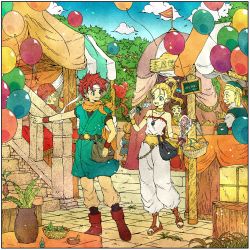 Rule 34 | armlet, bag, balloon, belt, blonde hair, blue sky, boots, candy, chain, choker, chrono trigger, closed mouth, crono (chrono trigger), facial hair, festival, food, full body, green eyes, happy, highres, holding, holding candy, holding food, holding lollipop, jewelry, lollipop, long hair, looking at another, marle (chrono trigger), mustache, necklace, old, old man, open mouth, orange hair, outdoors, pants, pendant, plant, pointing, ponytail, potted plant, ribbon, romper, sandals, scarf, short hair, short sleeves, sky, smile, standing, strapless, tent, toriga, tunic, wristband