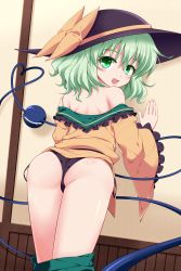 Rule 34 | 1girl, against wall, ass, back, bad id, bad pixiv id, bare shoulders, black panties, bow, clothes pull, green eyes, green hair, hat, hat bow, heart, heart of string, highres, isa, komeiji koishi, long sleeves, looking at viewer, looking back, matching hair/eyes, off shoulder, open mouth, panties, shirt, skirt, skirt pull, smile, solo, third eye, touhou, underwear, wide sleeves