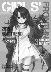 Rule 34 | 1girl, absurdres, bare shoulders, black hair, c-ms (girls&#039; frontline), cbj-ms, character name, commentary request, cover, dress, extended magazine, foregrip, girls&#039; frontline, greyscale, gun, handgun, highres, ice s s z, jacket, long hair, long sleeves, looking at viewer, machine pistol, magazine cover, mole, mole under eye, monochrome, off shoulder, open clothes, personal defense weapon, pistol, pistol stabilizing brace, solo, stock (firearm), stubby grip, submachine gun, telescoping stock, thigh strap, thighhighs, vertical forward grip, very long hair, weapon, white dress