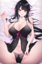 Rule 34 | 1girl, absurdres, babydoll, bed sheet, black hair, blunt bangs, blush, bow, bow panties, breasts, collarbone, from above, hand up, highres, huge breasts, jewelry, lace, lace panties, lichiko, lingerie, long hair, looking at viewer, lying, nail polish, navel, off shoulder, on back, original, panties, parted lips, pink eyes, pink nails, pussy, ring, shiny skin, solo, spread legs, thighs, underwear