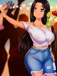 Rule 34 | 1girl, arms up, artist request, beach, black hair, blue pants, breasts, brown eyes, catarina (date crush stories), cocktail umbrella, copyright request, cup, dancing, dark skin, date crush stories, denim, drink, earrings, game cg, glass, green drink, highres, holding, holding cup, holding drink, holes, hoop earrings, ice, ice cube, jeans, jewelry, large breasts, long hair, looking at phone, mini umbrella, ocean, off shoulder, outdoors, pants, party, phone, selfie, shirt, sitting, smile, standing, sunset, white shirt