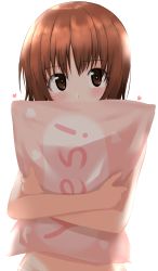 Rule 34 | 1girl, absurdres, aikir (jml5160), blush, brown eyes, brown hair, commentary, covering own mouth, english text, girls und panzer, heart, highres, holding, holding pillow, looking at viewer, nishizumi miho, panties, pillow, short hair, simple background, solo, underwear, upper body, white background, white panties, yes-no pillow