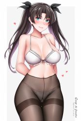 Rule 34 | 1girl, alternate breast size, arms behind back, artist name, black hair, black pantyhose, blue eyes, blush, bra, breasts, cowboy shot, cursive, dated, fate/stay night, fate (series), french text, frilled bra, frilled panties, frills, gluteal fold, grey background, hair ribbon, hanada yanochi, heart, high-waist pantyhose, large breasts, light smile, long hair, looking at viewer, navel, outside border, panties, pantyhose, parted bangs, ribbon, solo, standing, sweat, thigh gap, thighband pantyhose, tohsaka rin, twintails, underwear, underwear only, white bra