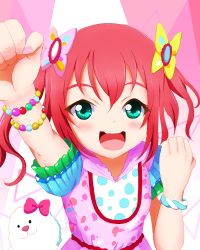 Rule 34 | 1girl, aqua eyes, aqua scrunchie, artist name, artist request, blush, bow, bracelet, clenched hands, cotton candy ei-ei-oh!, dress, female focus, frilled dress, frills, green eyes, hair between eyes, hair bow, jewelry, kurosawa ruby, looking at viewer, love live!, love live! school idol festival, love live! sunshine!!, nanashi tetsuya, nanashino tetsuya, pink shirt, polka dot, polka dot shirt, red hair, ribbon, scrunchie, shirt, short hair, smile, solo, twintails, white shirt, wrist bracelet, wrist scrunchie