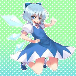 Rule 34 | 1girl, bad id, bad pixiv id, blue eyes, blue hair, cirno, dress, embodiment of scarlet devil, female focus, full body, gradient background, kajo, mary janes, matching hair/eyes, shoes, short hair, solo, touhou, wings