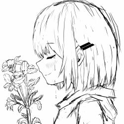 Rule 34 | 1girl, blush, closed mouth, crying, flower, greyscale, hair between eyes, hair ornament, hairclip, highres, holding, holding flower, hood, hoodie, meeu0biss, monochrome, original, portrait, profile, short hair, sidelocks, simple background, smile, solo, tears, white background
