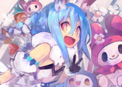 Rule 34 | 1girl, absurdres, animal ear fluff, animal ears, bare shoulders, black eyes, blue hair, commentary, detached sleeves, don-chan (usada pekora), hair between eyes, highres, hololive, kaamin (mariarose753), long hair, looking at viewer, my melody, onegai my melody, orange eyes, puffy short sleeves, puffy sleeves, rabbit ears, sanrio, short sleeves, sidelocks, smile, solo, strapless, symbol-shaped pupils, upper body, usada pekora, usada pekora (1st costume), v, virtual youtuber
