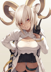 Rule 34 | 1girl, animal ear fluff, animal ears, arknights, banned artist, black gloves, black skirt, black thighhighs, breasts, carnelian (arknights), cleavage, coat, dark-skinned female, dark skin, eyebrows hidden by hair, gloves, goat ears, goat girl, goat horns, gradient background, hand on own hip, horns, index finger raised, infection monitor (arknights), kyoeiki, large breasts, leaning forward, long sleeves, looking at viewer, miniskirt, open clothes, open coat, parted lips, red eyes, sheath, sheathed, shirt, short hair, silver hair, skirt, smile, solo, sword, thigh gap, thighhighs, thighlet, weapon, white background, white coat, white shirt, yellow background