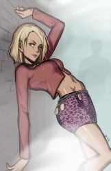 Rule 34 | 1boy, 1girl, against wall, blonde hair, blue eyes, butterfly tattoo, fog, highres, james sunderland, kinuko (kinucakes), leaning back, looking at viewer, maria (silent hill), navel, pubic tattoo, silent hill (series), silent hill 2, silhouette, skirt, smile, tattoo