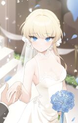Rule 34 | 1boy, 1girl, absurdres, alternate costume, armpits, bare arms, blonde hair, blue archive, blue eyes, blush, bouquet, braid, breasts, bridal veil, cleavage, closed mouth, commentary, dress, falling petals, fingernails, flower, french braid, hair intakes, halterneck, hetero, highres, holding, holding bouquet, holding hands, looking at viewer, medium breasts, outdoors, petals, pov, pov hands, purple flower, purple rose, rose, see-through, see-through dress, sleeveless, sleeveless dress, stairs, symbol-only commentary, taccho, toki (blue archive), upper body, veil, wedding, wedding dress, white dress