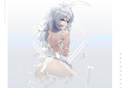 Rule 34 | 1girl, absurdres, animal ears, ass, azur lane, back, bare arms, bow, braid, broken glass, commentary, cowboy shot, crossed arms, english commentary, fake animal ears, fake tail, from behind, glass, grey background, grey eyes, hair bow, highres, kioroshin, le malin (azur lane), le malin (listless lapin) (azur lane), leotard, long hair, looking at viewer, looking back, official alternate costume, pantyhose, parted lips, rabbit ears, rabbit tail, single braid, solo, tail, thighs, white bow, white hair, white leotard, white pantyhose