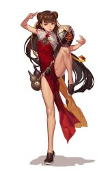 Rule 34 | 1girl, absurdly long hair, absurdres, arm up, bare legs, black panties, black survival, blunt bangs, brown eyes, brown hair, china dress, chinese clothes, copyright request, double bun, dress, full body, hair bun, hair ribbon, highres, leg lift, li dailin, long hair, matching hair/eyes, one touch, panties, parted lips, red dress, ribbon, short sleeves, side slit, simple background, slippers, solo, turtleneck, underwear, very long hair, white background