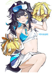 Rule 34 | 1girl, absurdres, animal ears, bare arms, bare shoulders, black hair, blue archive, breasts, cheerleader, crop top, dog ears, dog girl, dog tail, eyewear on head, goggles, goggles on head, gohanduck, halo, hands up, hibiki (blue archive), hibiki (cheer squad) (blue archive), highres, holding, holding pom poms, long hair, looking at viewer, midriff, millennium cheerleader outfit (blue archive), miniskirt, navel, open mouth, pleated skirt, pom pom (cheerleading), pom poms, purple eyes, shirt, simple background, skirt, sleeveless, sleeveless shirt, small breasts, solo, stomach, sunglasses, tail, white background