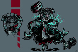 Rule 34 | 1girl, apron, bloody marie (skullgirls), blue background, brooch, dress, energy, frilled apron, frilled dress, frills, full body, grey hair, hair ornament, highres, jewelry, juliet sleeves, long sleeves, maid headdress, puffy sleeves, red eyes, skull hair ornament, skullgirls, solo, tax oc, twintails, vacuum cleaner