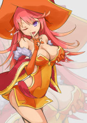 Rule 34 | 1girl, bare shoulders, blue eyes, breast hold, breasts, cleavage, detached sleeves, dress, hat, laila (p&amp;d), large breasts, long hair, looking at viewer, lyra (p&amp;d), memento vivi, one eye closed, open mouth, orange dress, pink hair, puzzle &amp; dragons, raira (p&amp;d), smile, star (symbol), wide sleeves, witch hat, zoom layer