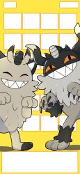 Rule 34 | 2others, animal hands, black eyes, colored sclera, creatures (company), crossed arms, evolutionary line, galarian form, galarian meowth, game freak, gen 8 pokemon, grin, highres, horns, indoors, looking at viewer, multiple others, nintendo, no humans, perrserker, phone wallpaper, pokemon, pokemon (creature), red sclera, sharp teeth, smile, standing, teeth, wallpaper, yellow background, yorika720