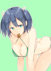 Rule 34 | 10s, 1girl, all fours, ass, bikini, bikini in mouth, blue eyes, blue hair, blush, breasts, butt crack, cleavage, clothes in mouth, covered erect nipples, green bikini, hair ribbon, heart, heart-shaped pupils, highres, kantai collection, kurokuro, large breasts, lock, looking at viewer, matching hair/eyes, mouth hold, ribbon, short hair, simple background, smile, solo, souryuu (kancolle), swimsuit, symbol-shaped pupils, twintails