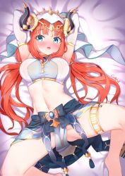 Rule 34 | 1girl, armlet, armpits, arms behind head, arms up, blue eyes, blue skirt, blush, breasts, brooch, genshin impact, gmkj, hair ornament, harem outfit, highres, horns, jewelry, long hair, long sleeves, looking at viewer, lying, medium breasts, navel, neck ring, nilou (genshin impact), on back, puffy long sleeves, puffy sleeves, red hair, sash, sidelocks, skirt, spread legs, thighlet, thighs, veil